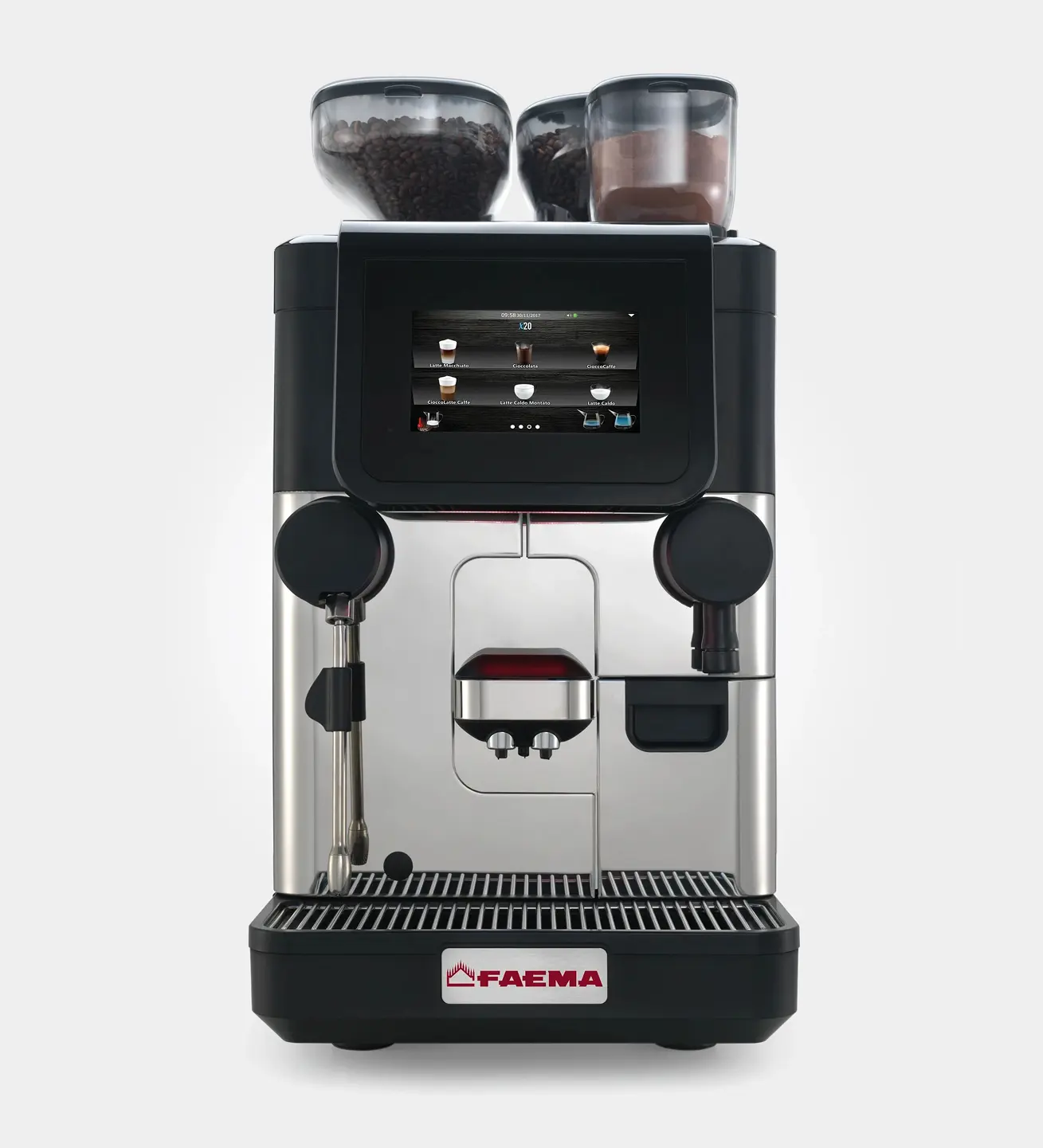 Commercial espresso machine with dual bean hoppers on top, digital interface, steam wand, and dispenser, branded "Faema" on the front.
