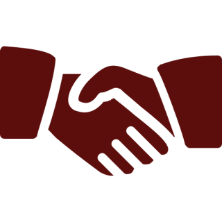 Icon of two hands shaking, symbolizing agreement or partnership, in a dark red color.