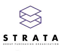 A purple and black logo for strata group purchasing organization.