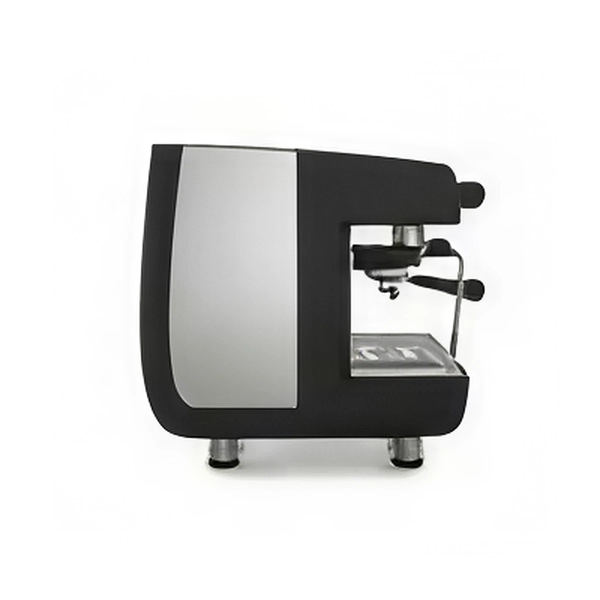 A black and silver coffee machine on white background