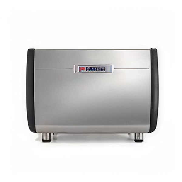 A silver toaster oven with black trim on top of it.