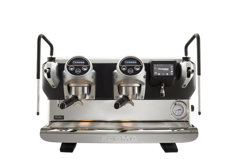 A coffee machine with two cups on the front.