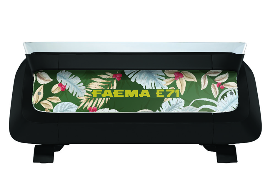 A black box with a green and white floral design.