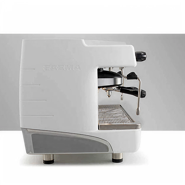 A white coffee machine with two cups on the side.