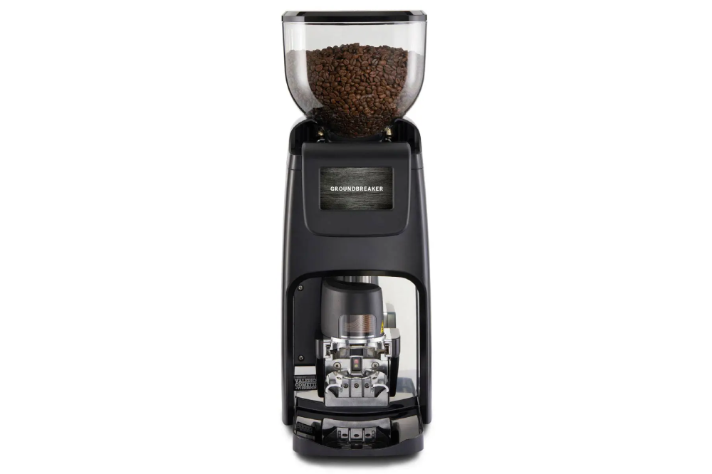A black coffee grinder with the lid open.