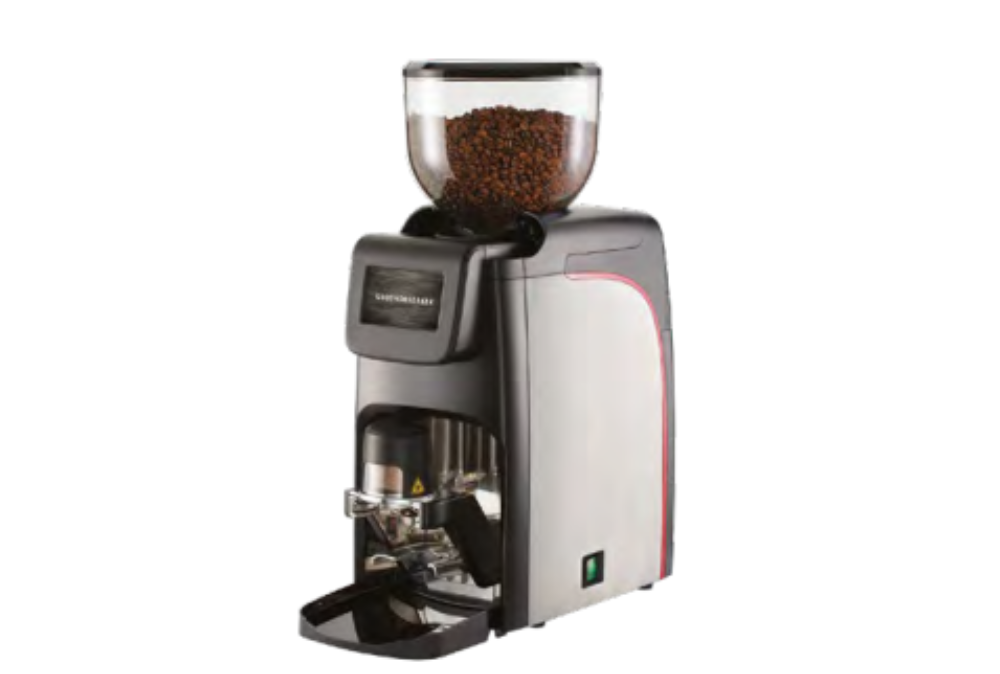 A coffee grinder with the lid open and a glass bowl on top.