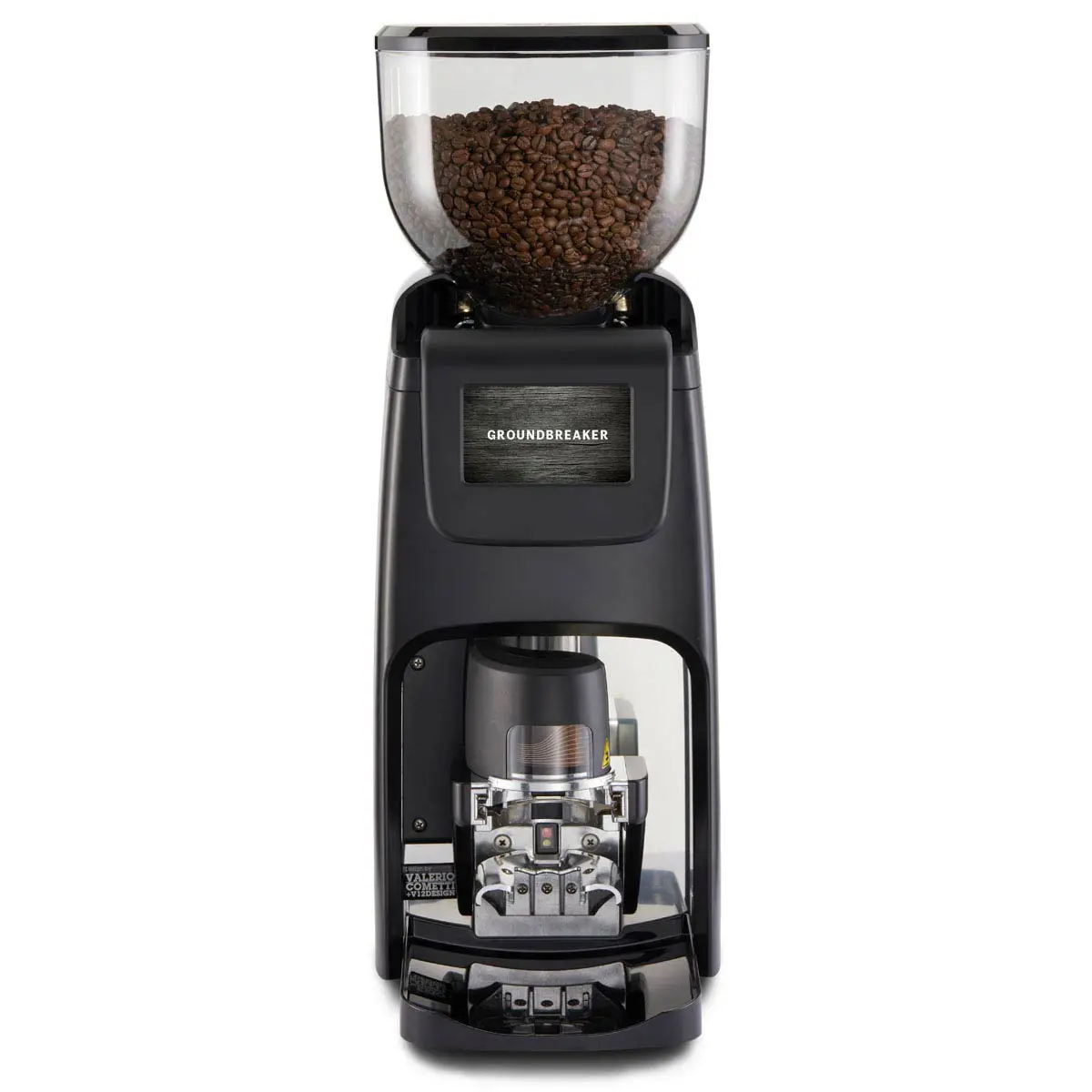 A coffee grinder with the lid open.
