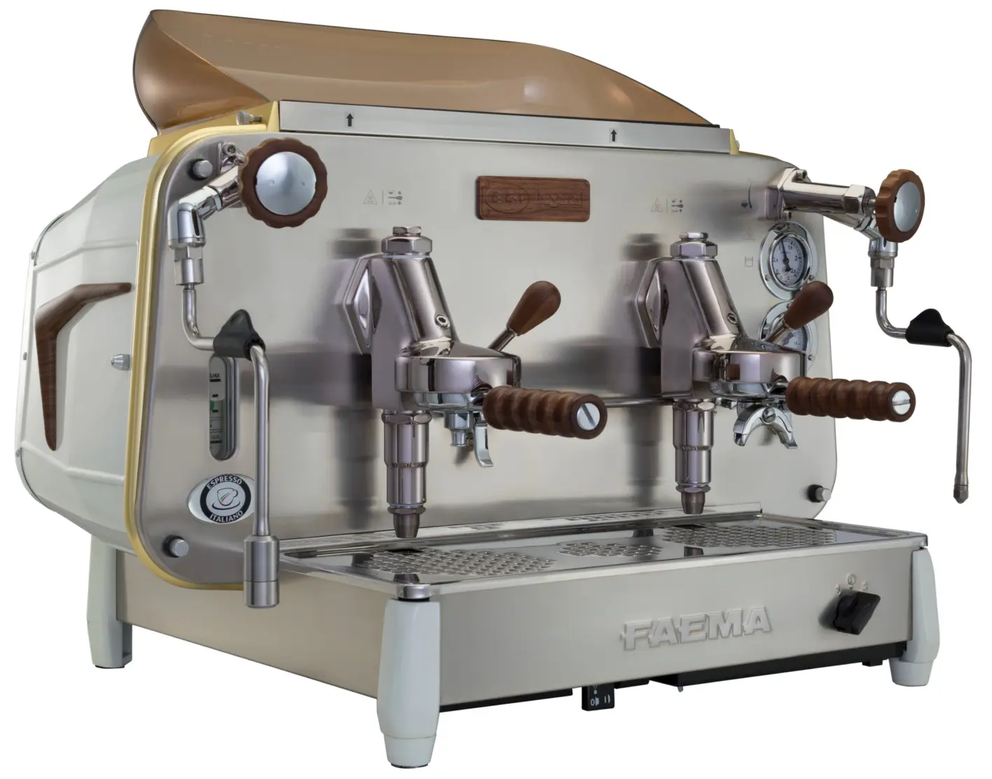 A coffee machine with two cups and some wooden handles.