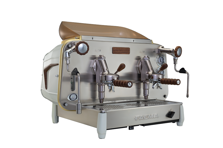 A coffee machine with two wooden handles on it.