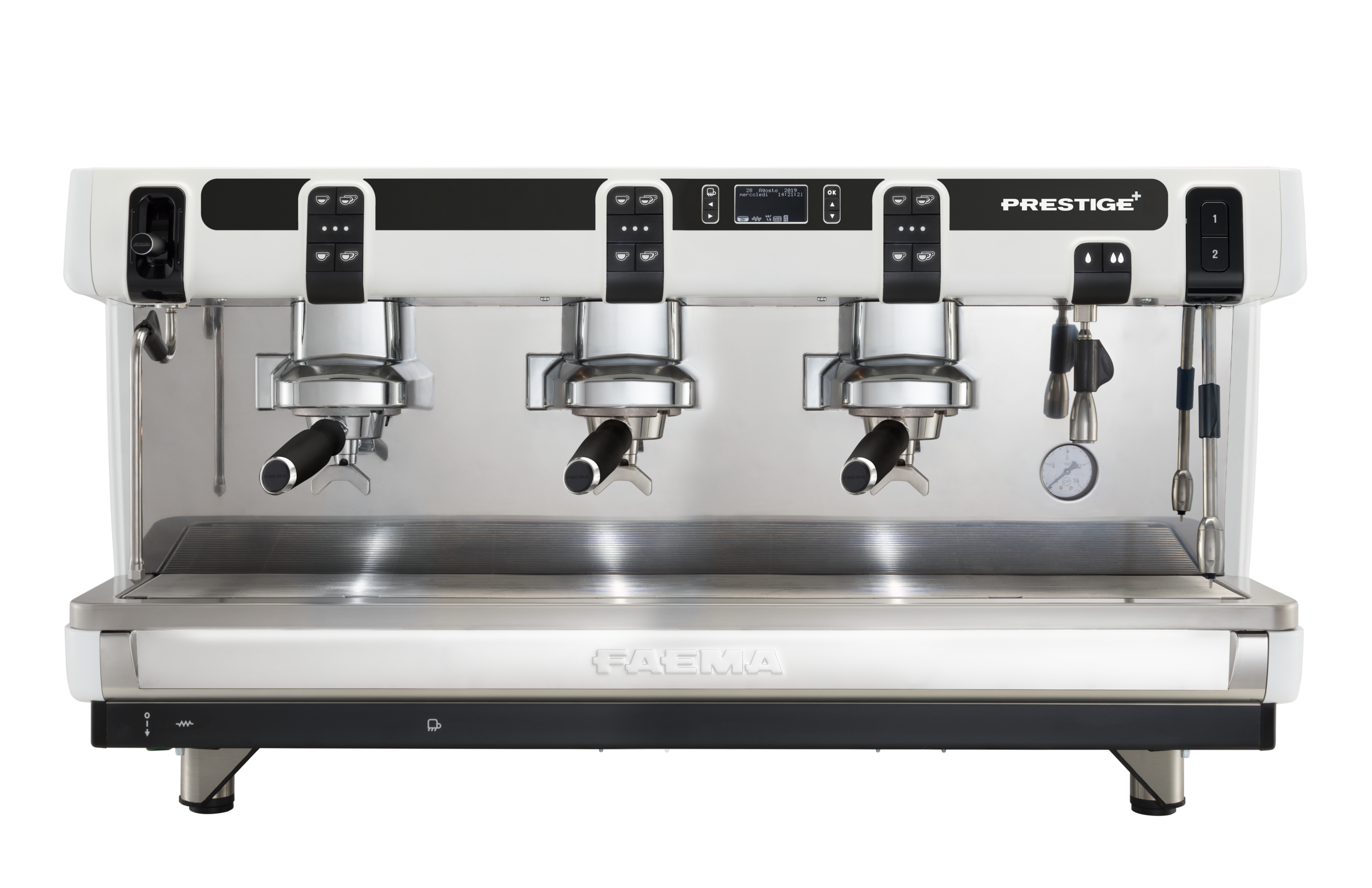 A coffee machine with four cups on the side.