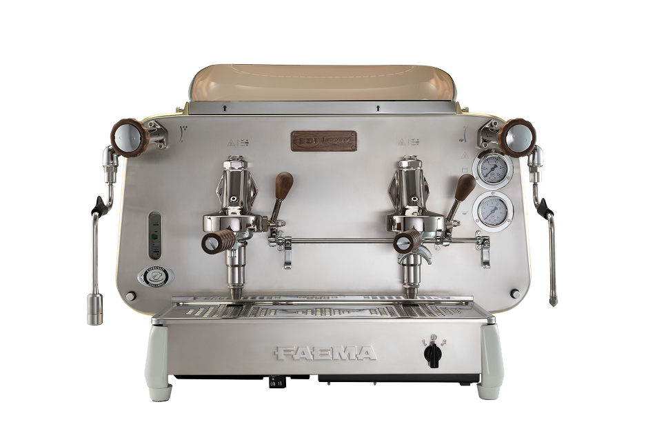 A coffee machine with two grinders on the front.