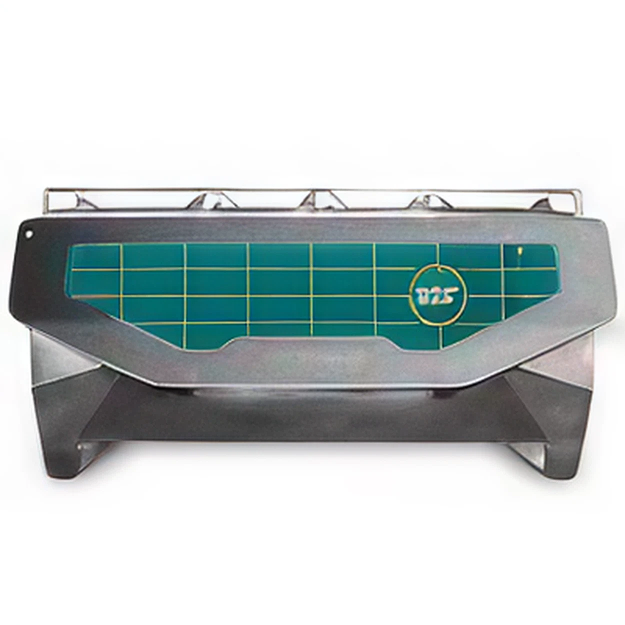 A green and white tile design on the front of a metal object.