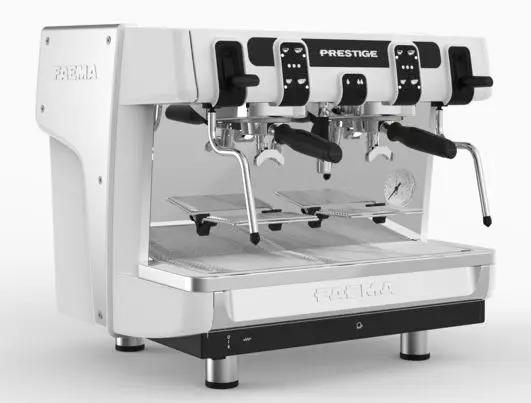 A white coffee machine with two black handles.