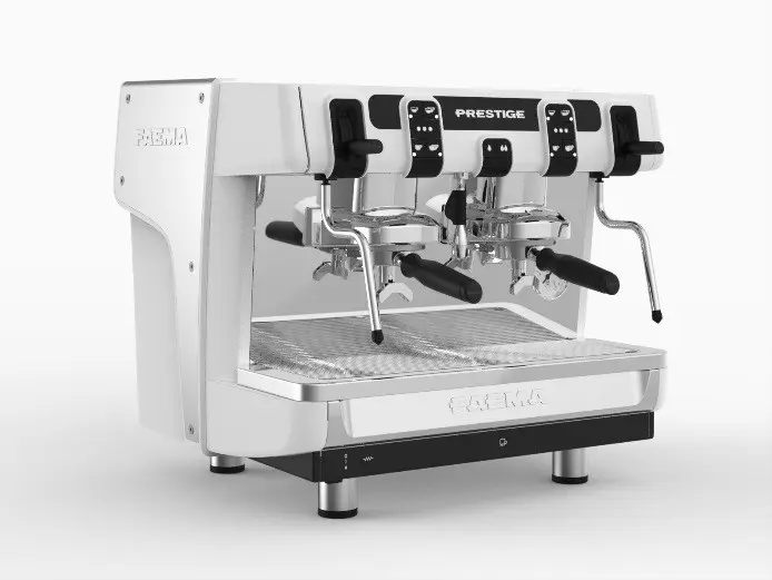 A white coffee machine with two black handles.