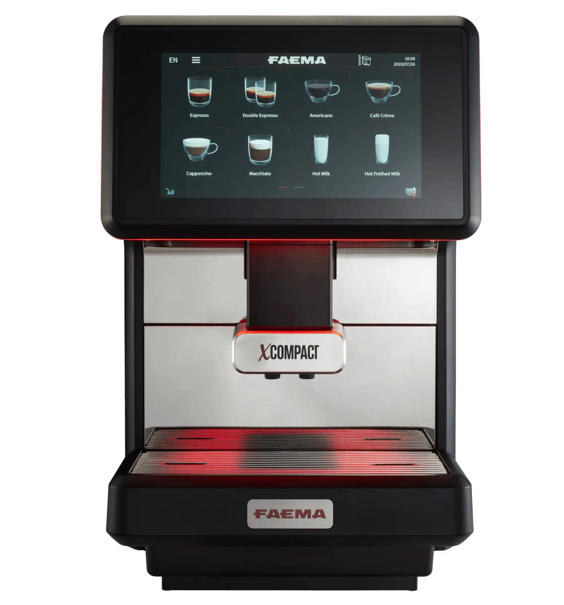 A black and red machine is on display.