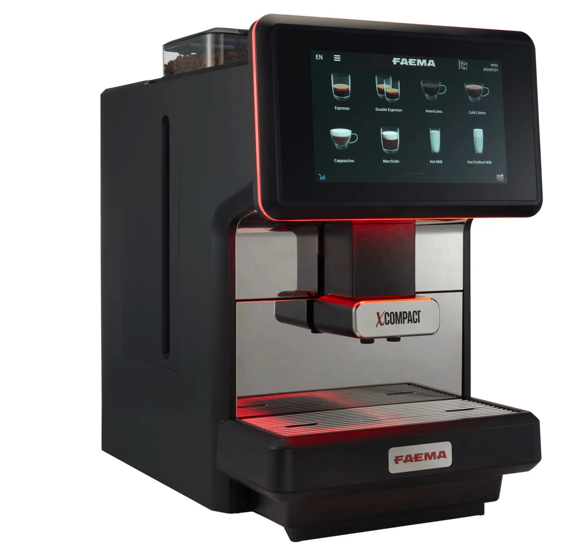 A coffee machine with a touch screen and red trim.