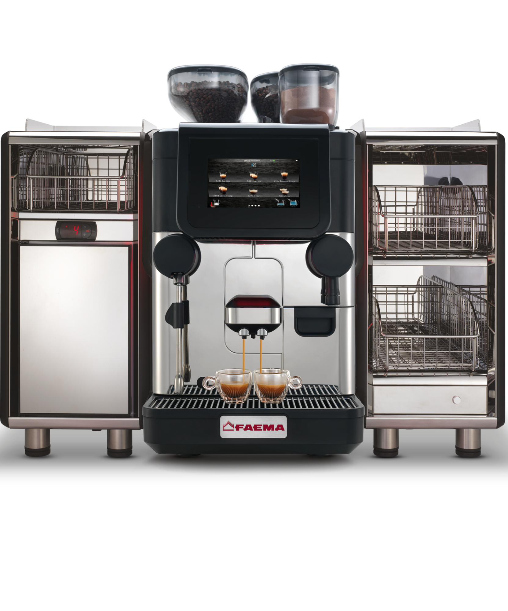 A coffee machine with two cups of coffee in front.