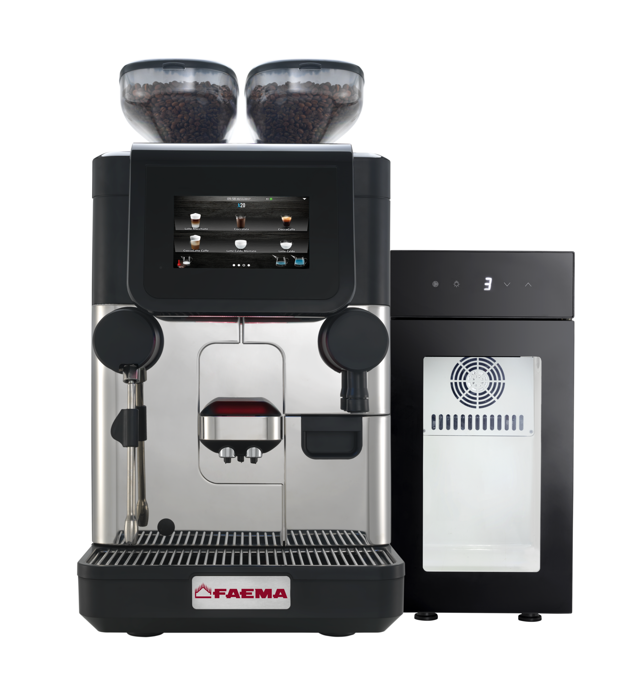 A black and silver machine with two cups on top.