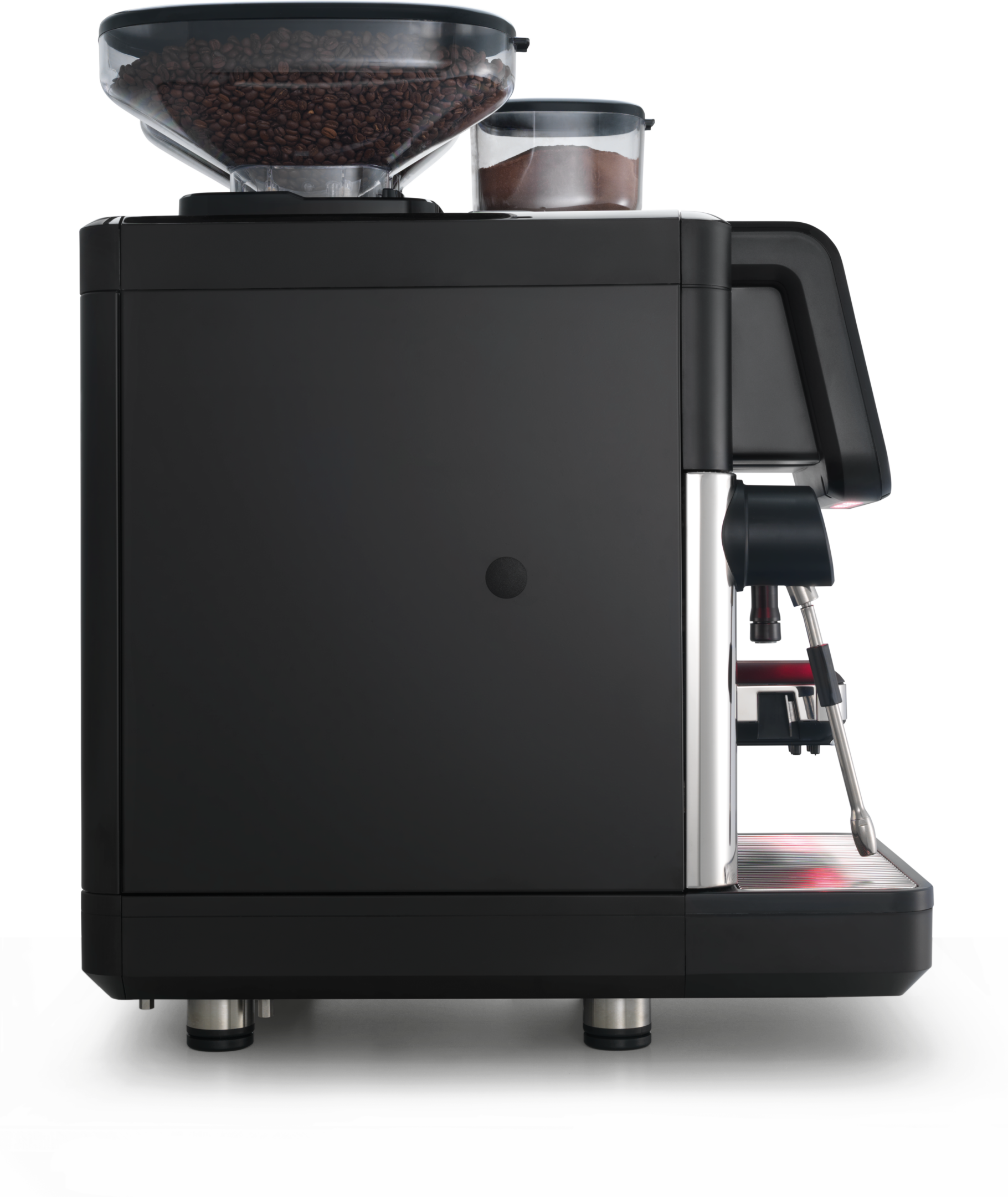 A black coffee machine with the lid open.