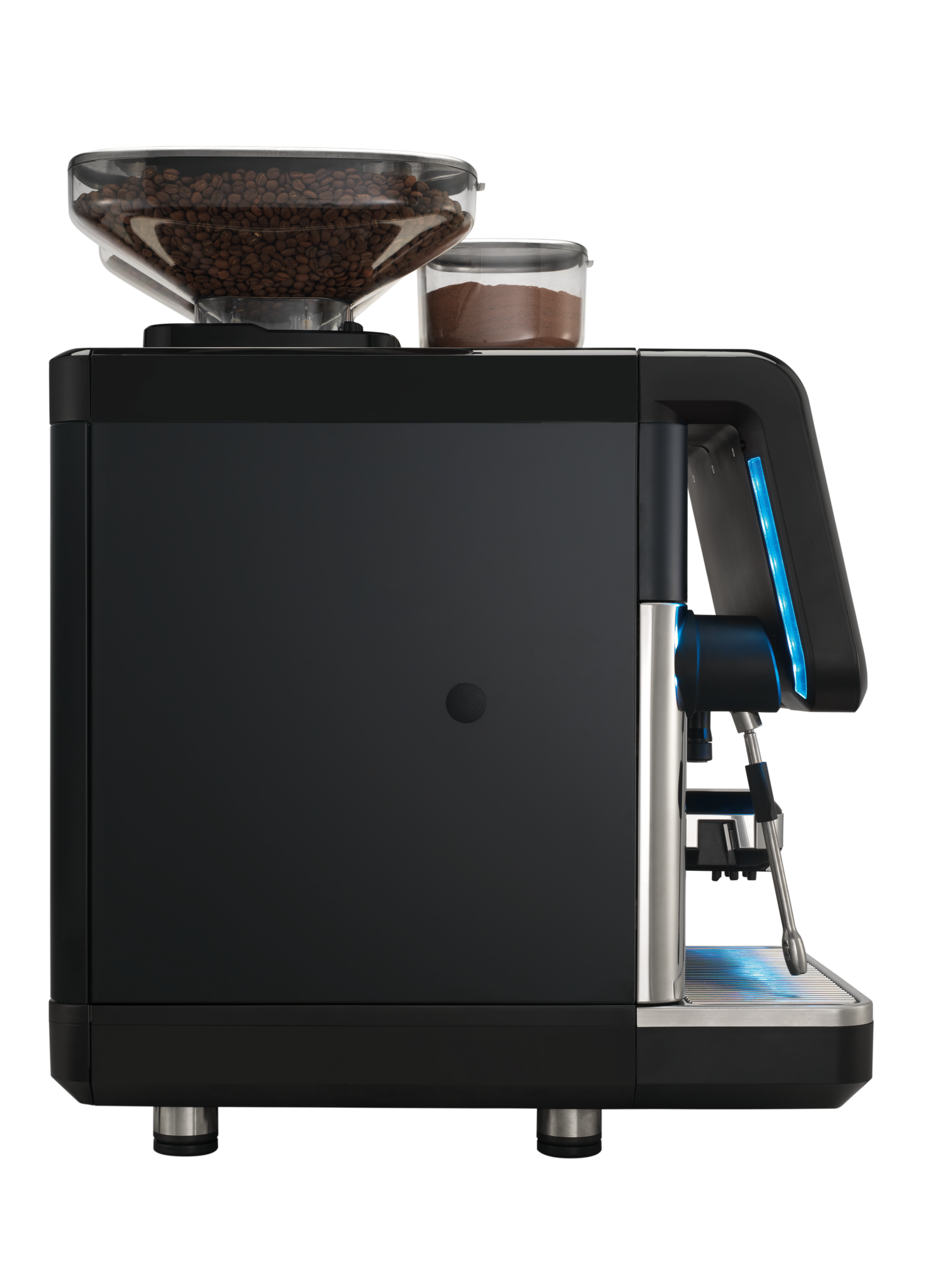 A black coffee machine with two cups on top of it.
