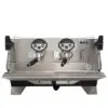 A double espresso machine with two burners and a side handle.