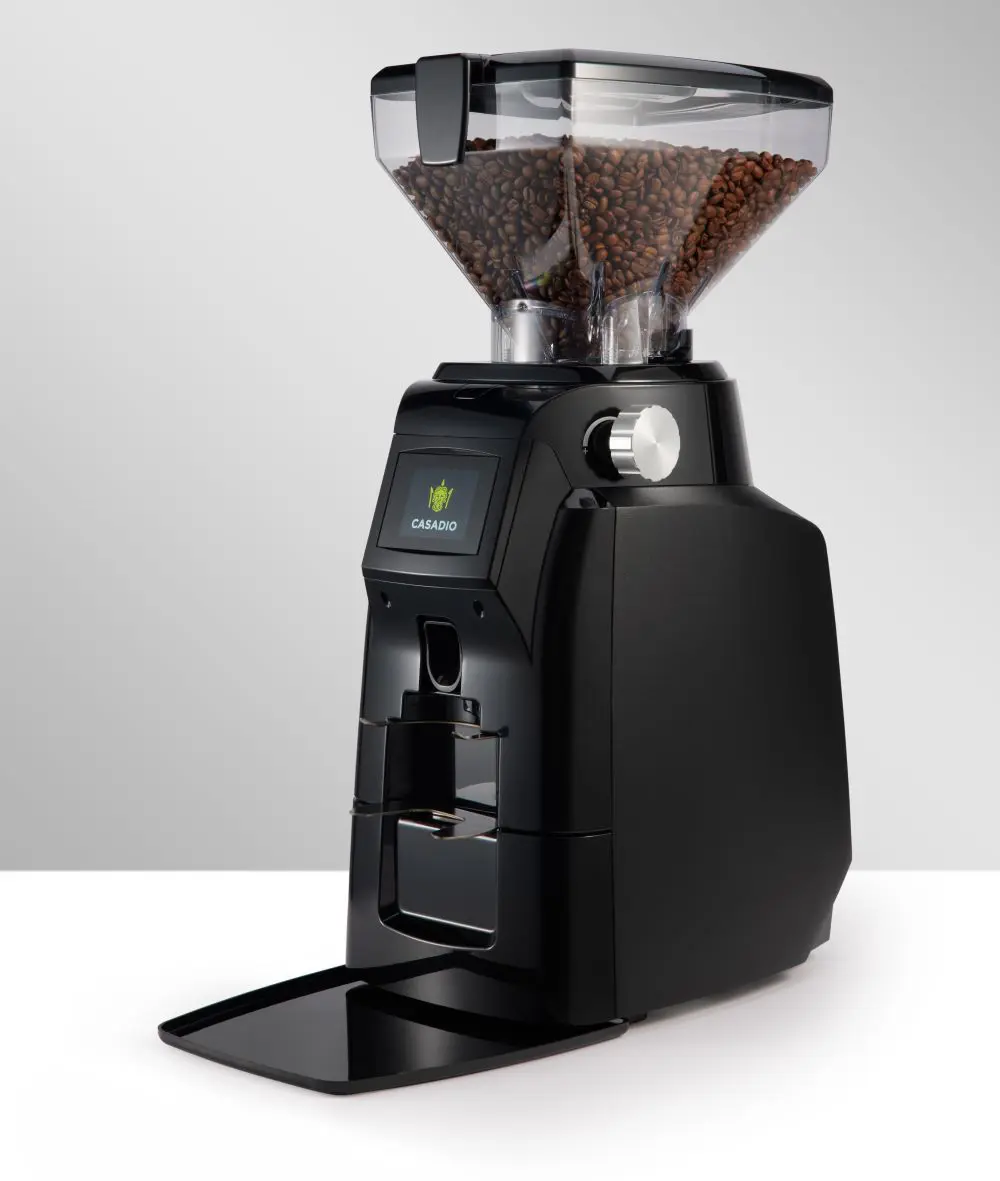 A black coffee grinder with the lid open.
