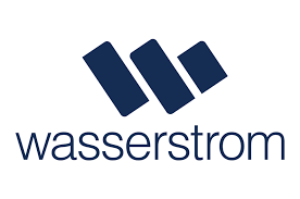 Wasserstrom logo with blue geometric shapes.
