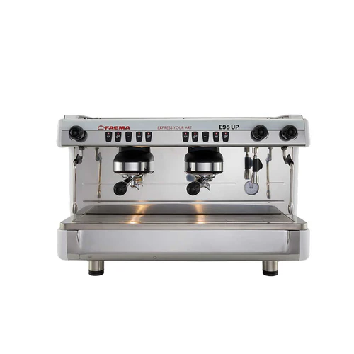 A coffee machine with two cups on the side.