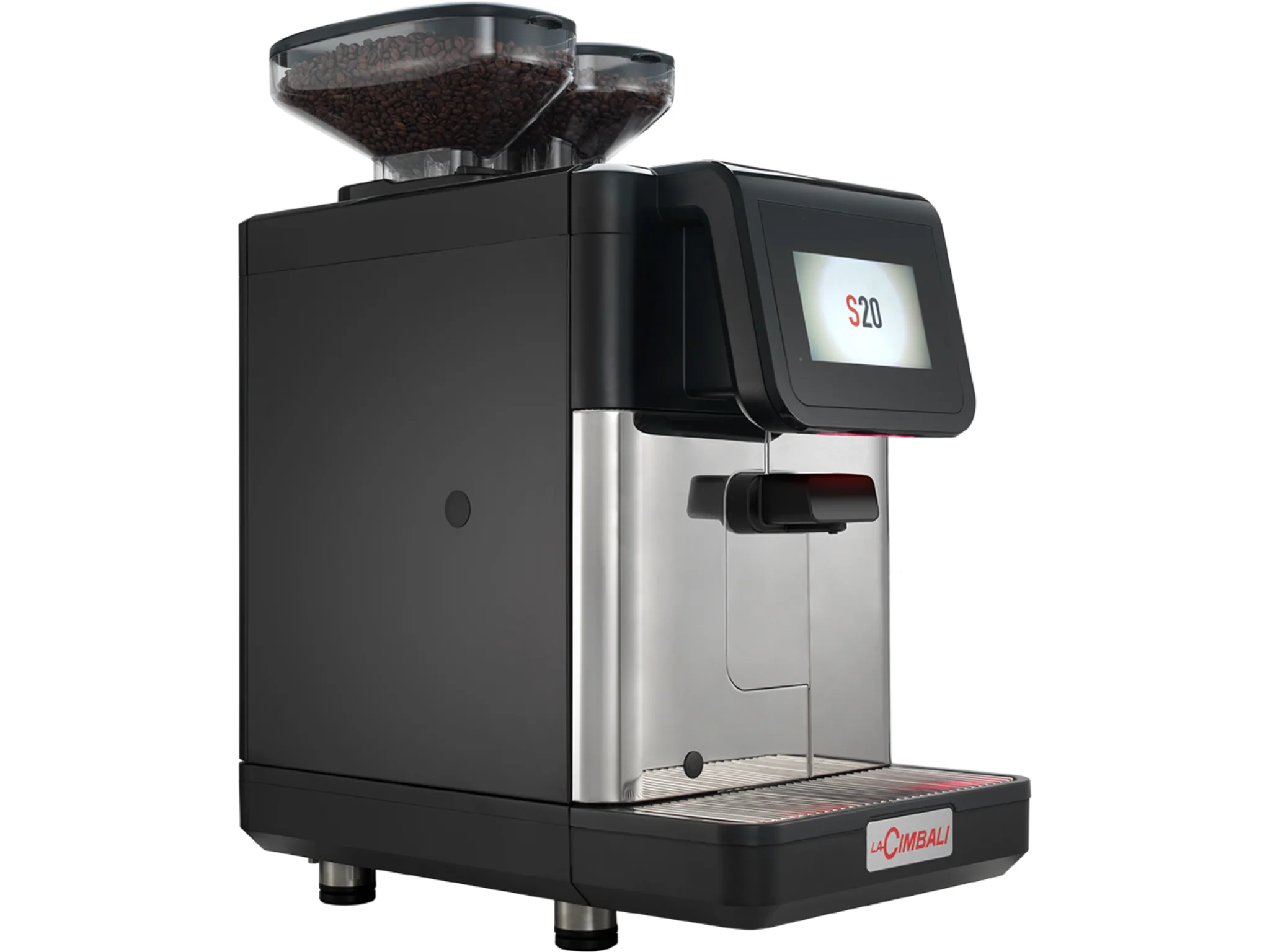 A coffee machine with the lid open and a cup on top.