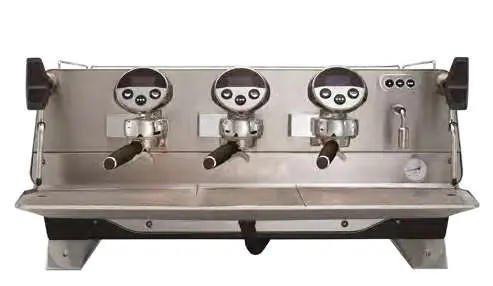 A row of three coffee machines on top of a counter.