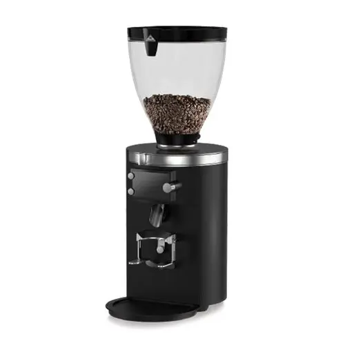 Black coffee grinder with beans in hopper.