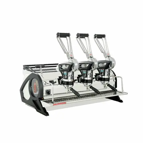 Triple-group manual espresso machine on display.